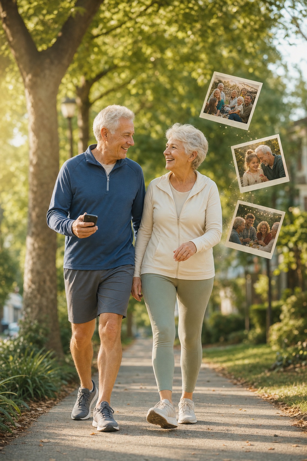 An older couple walking and earning family photos
