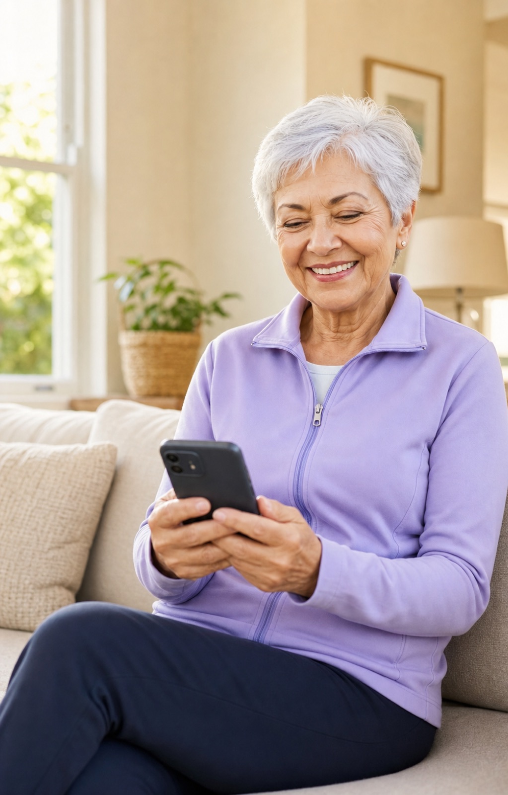 A grandmother smiling as she looks at a newly unlocked family photo